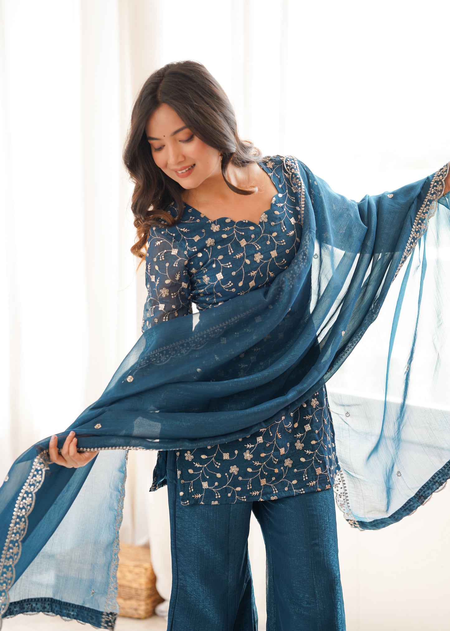 Teal Blue Crunchy Silk Salwar Suit Party Wear for Women