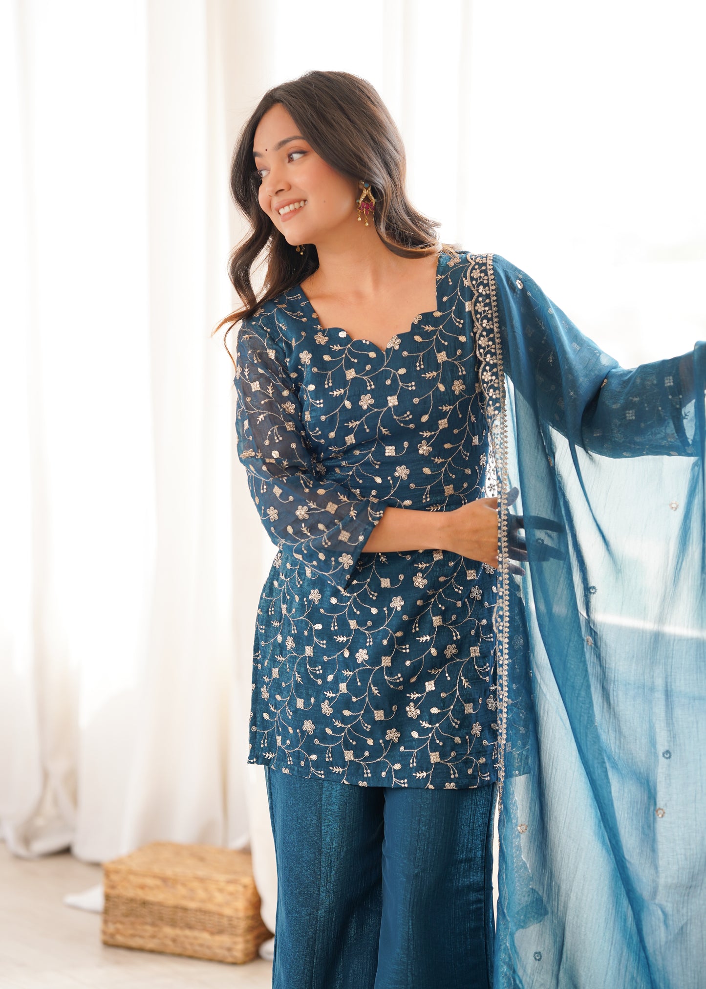 Teal Blue Crunchy Silk Salwar Suit Party Wear for Women