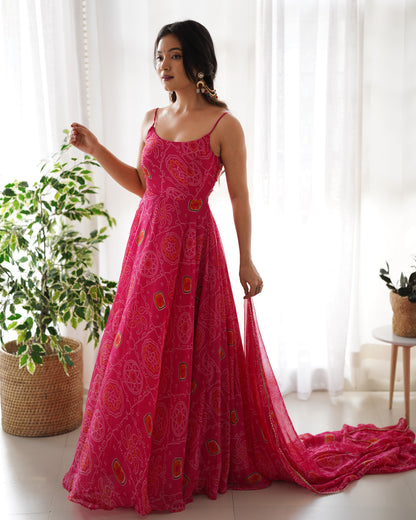 Chiffon Bandhej Anarkali Suit for Women - Party Wear Gown