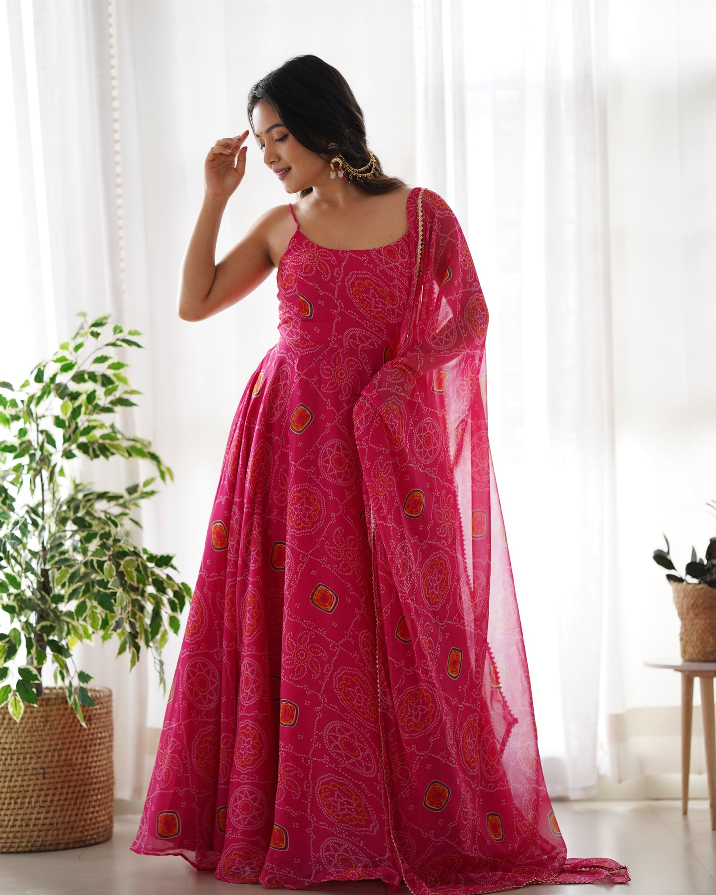 Chiffon Bandhej Anarkali Suit for Women - Party Wear Gown
