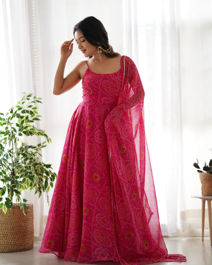 Chiffon Bandhej Anarkali Suit for Women - Party Wear Gown