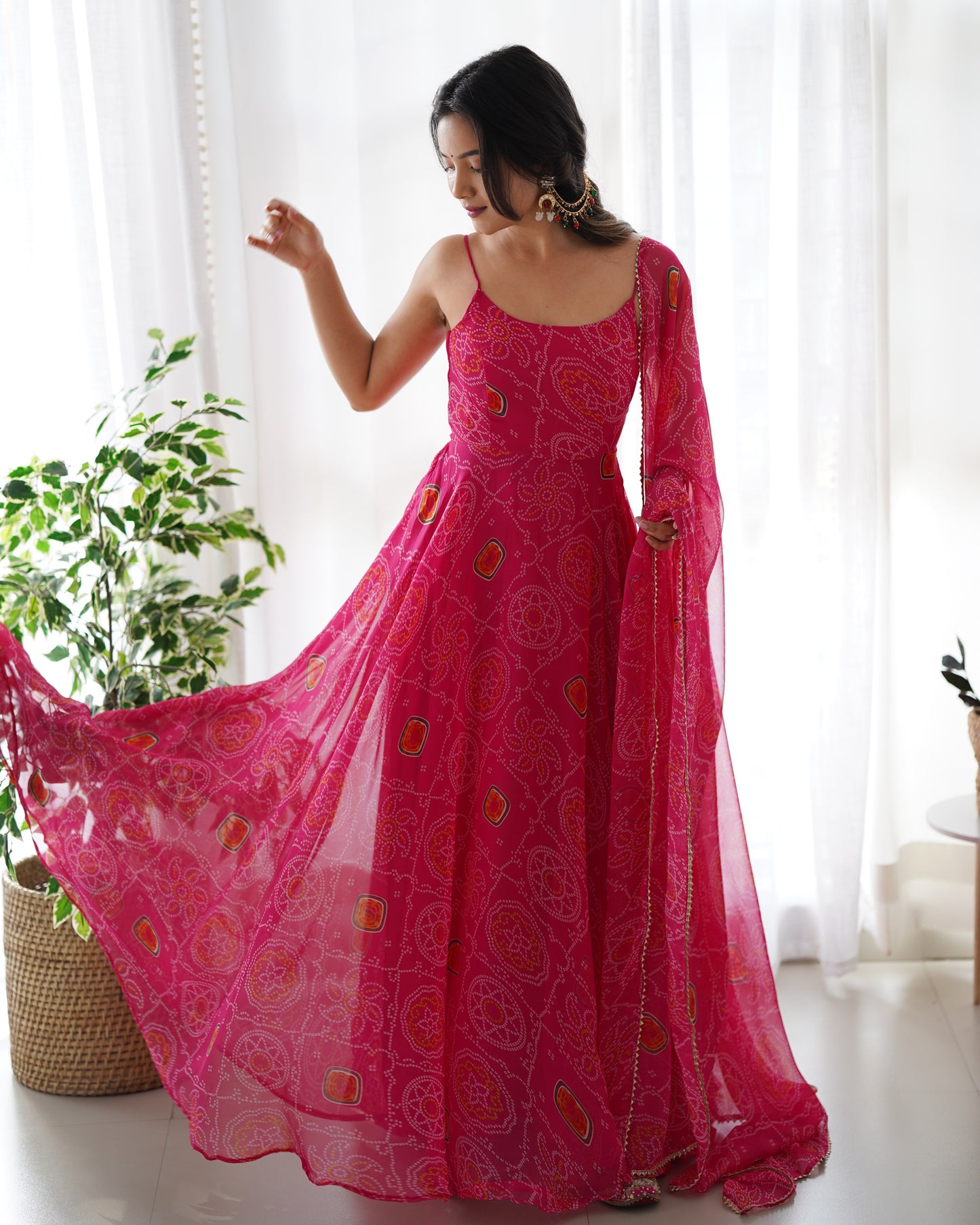 Chiffon Bandhej Anarkali Suit for Women - Party Wear Gown