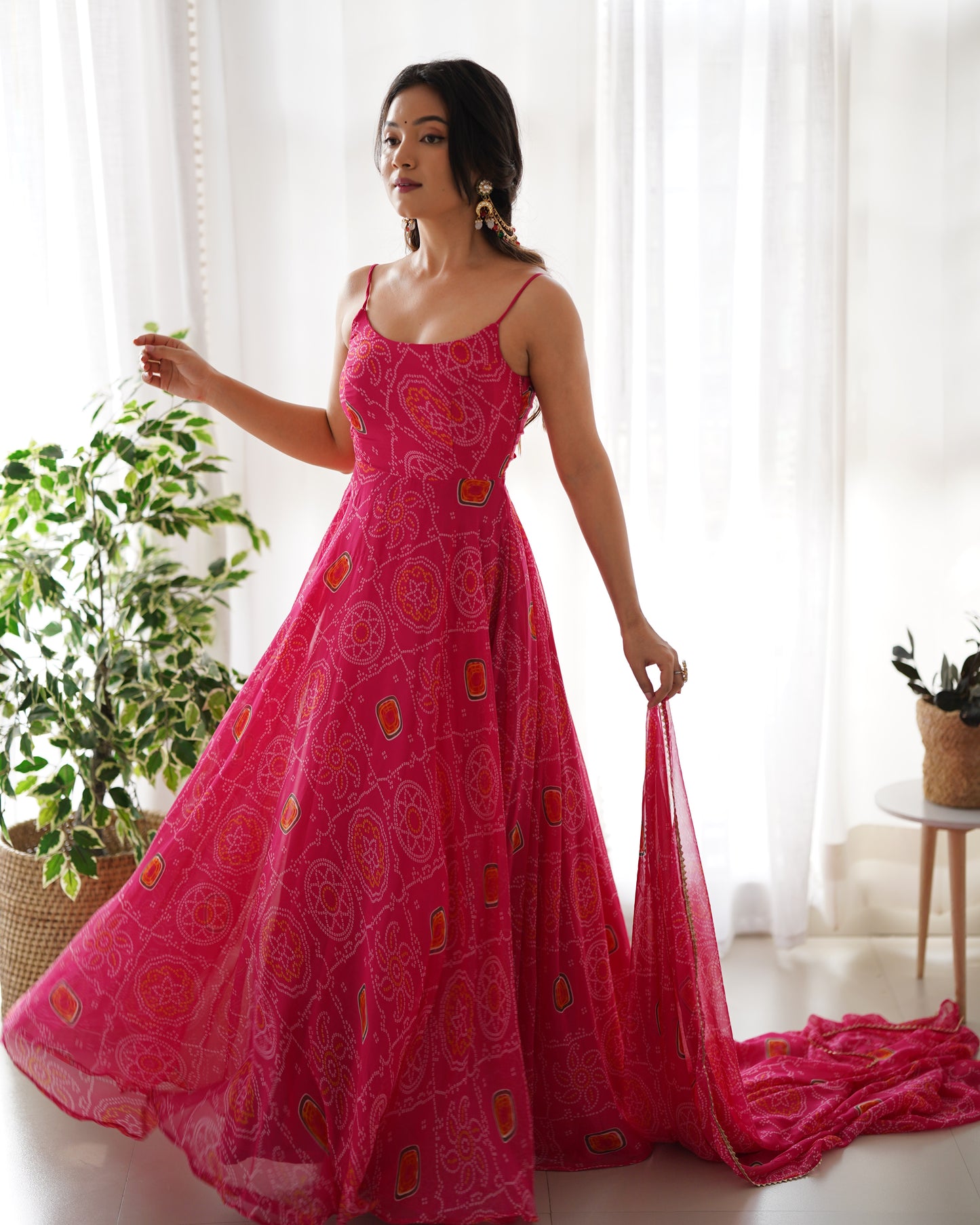 Chiffon Bandhej Anarkali Suit for Women - Party Wear Gown