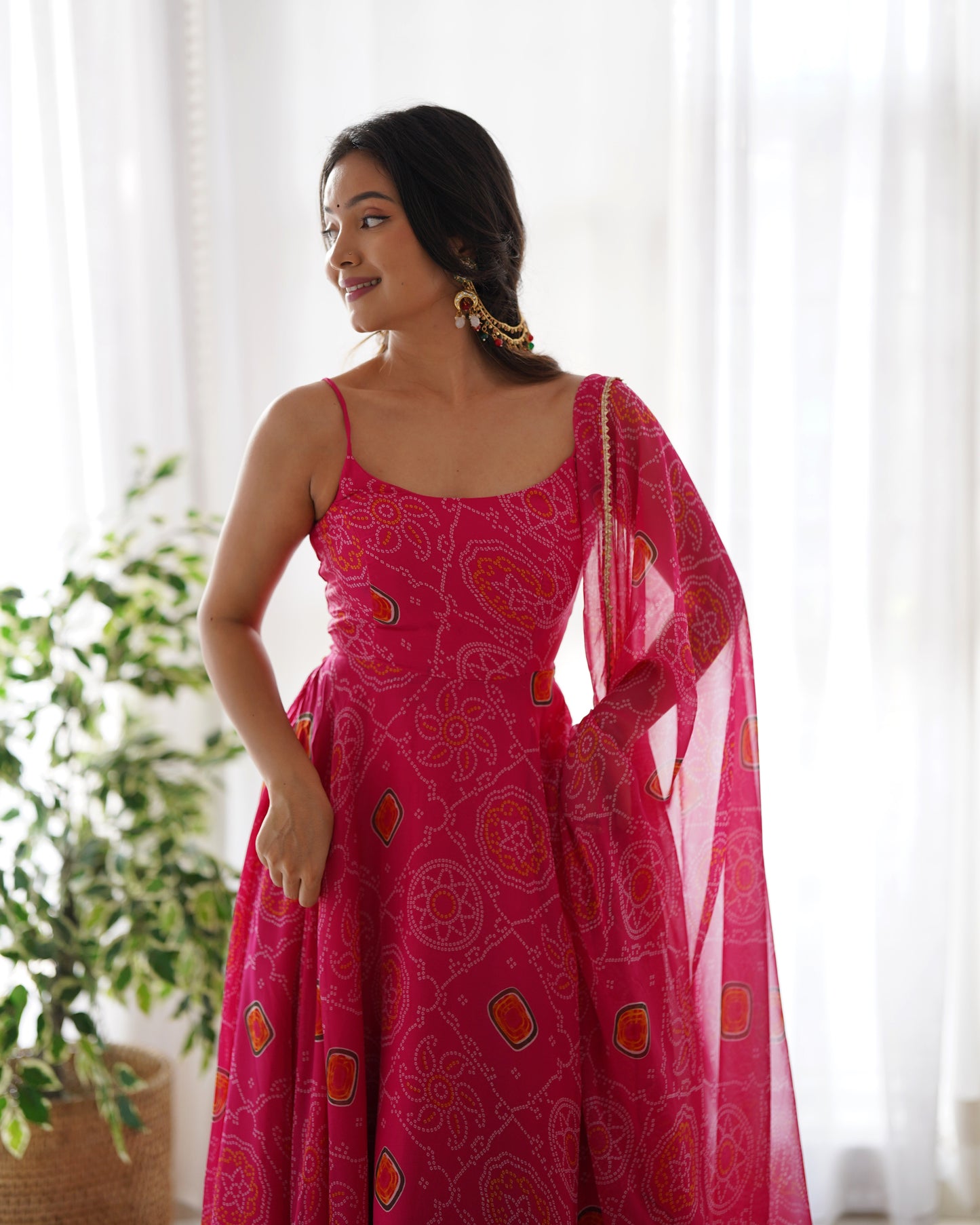 Chiffon Bandhej Anarkali Suit for Women - Party Wear Gown