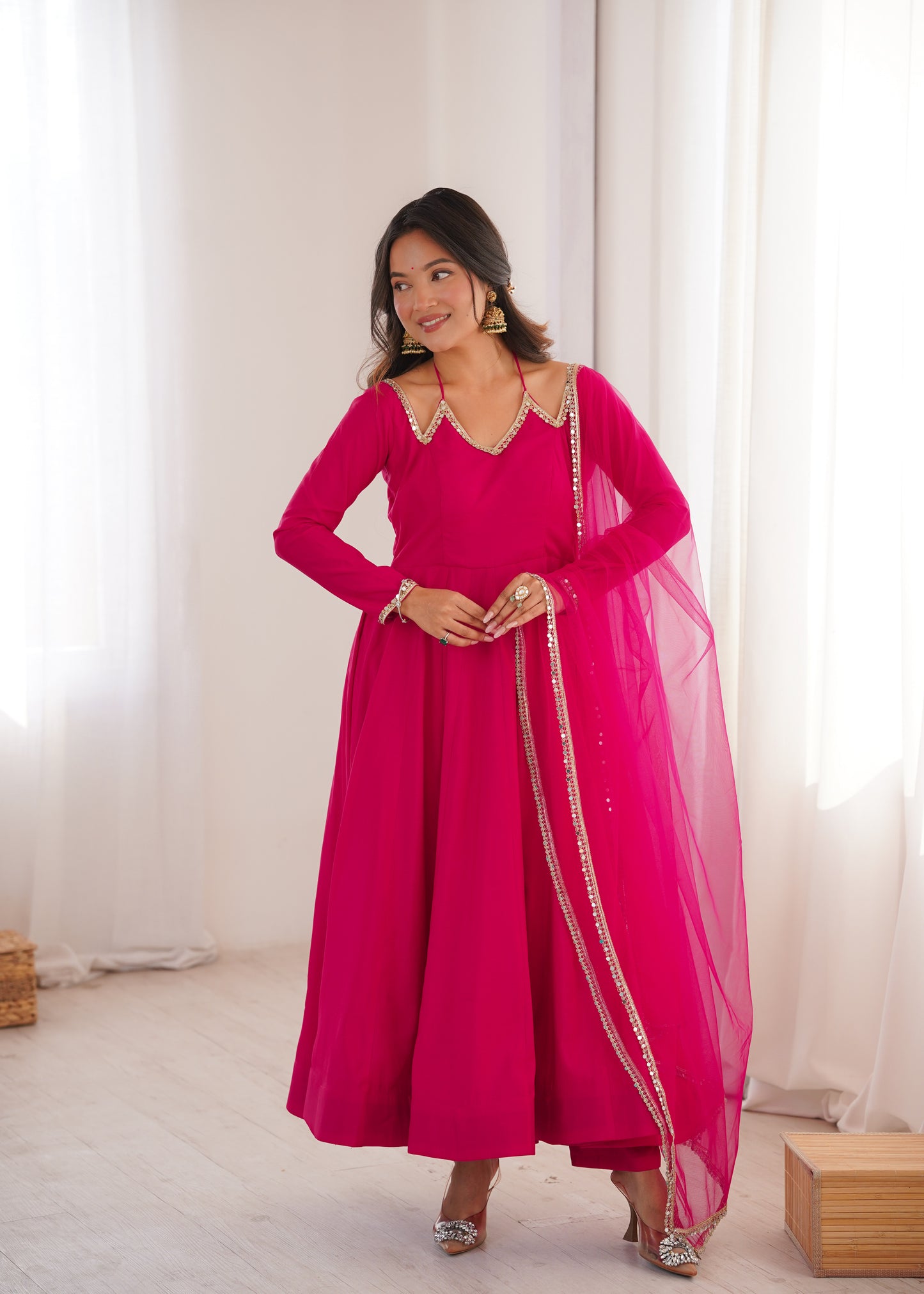 Pure Silk Chanderi Anarkali Suit Set for Festive Party Wear
