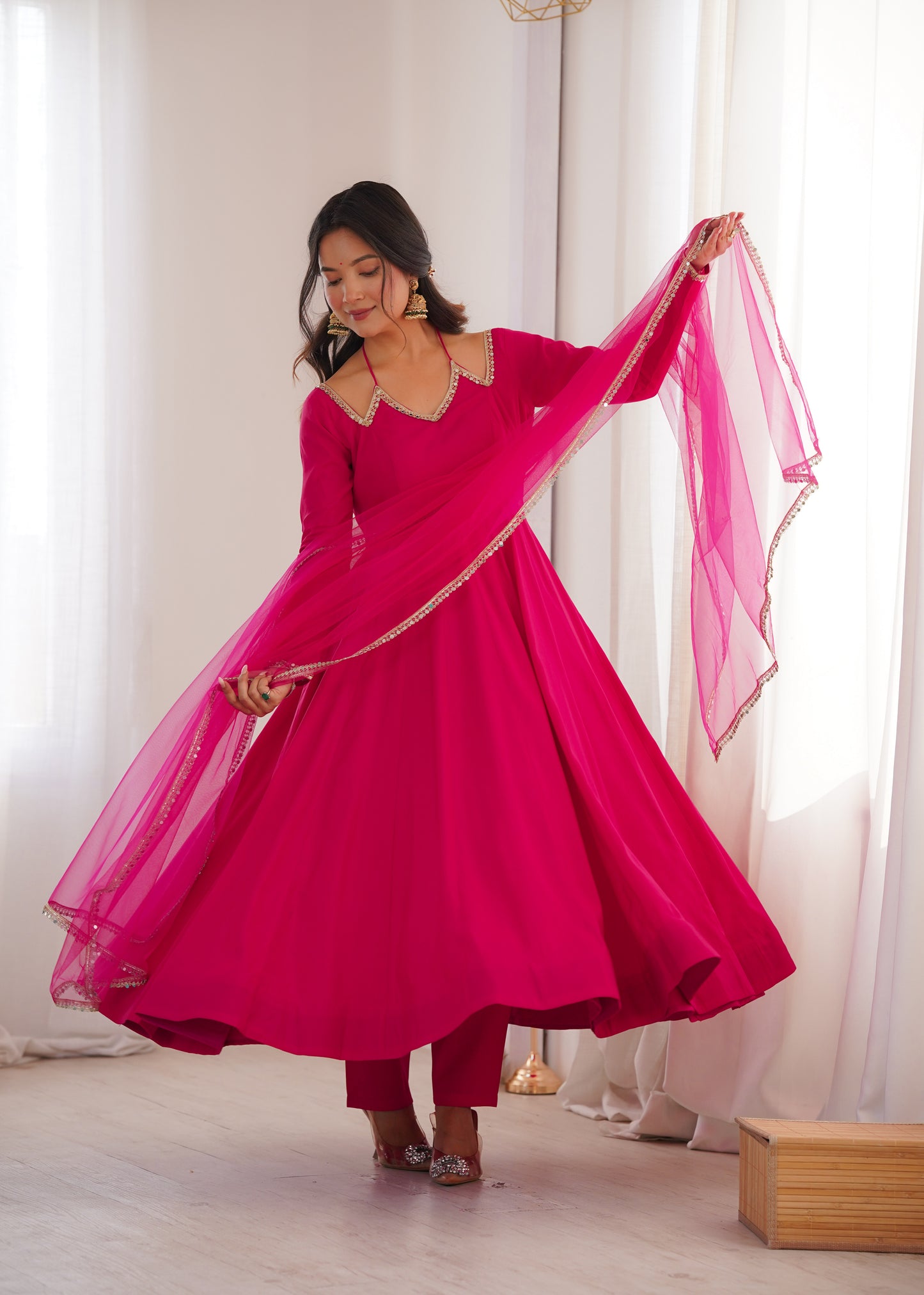 Pure Silk Chanderi Anarkali Suit Set for Festive Party Wear