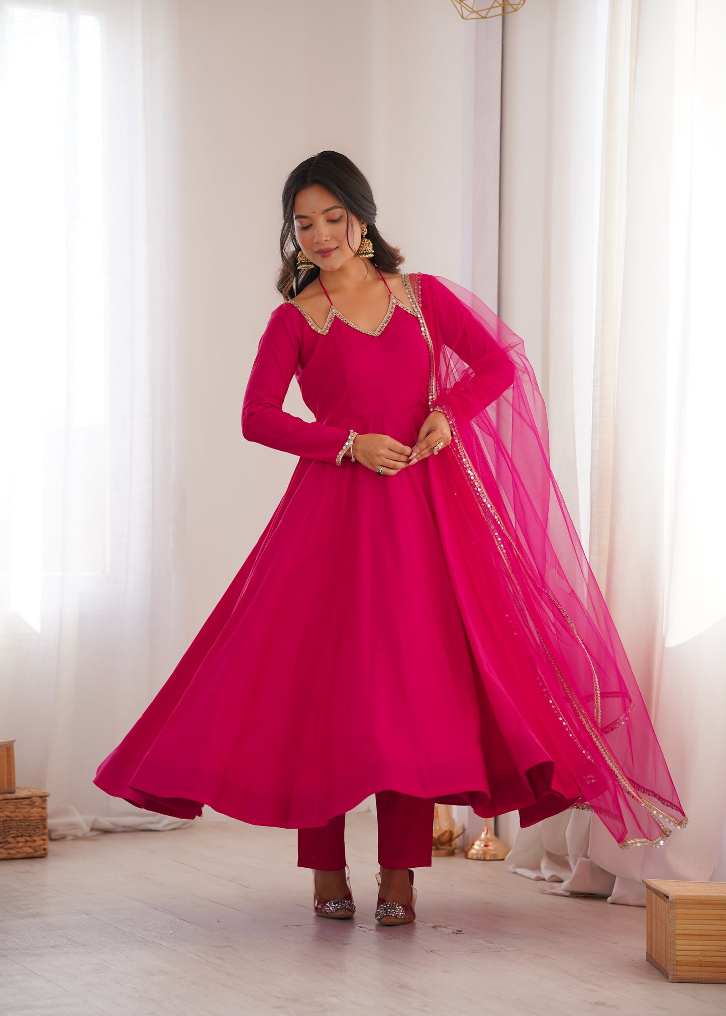 Pure Silk Chanderi Anarkali Suit Set for Festive Party Wear