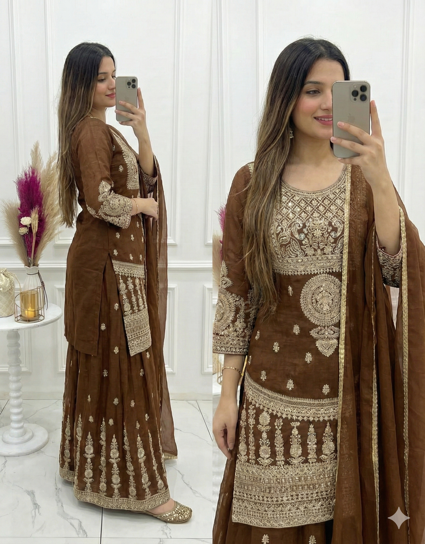 Coffee Brown Crunchy Silk Sharara Suit for Women Party Wear