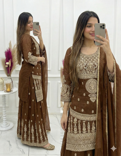 Coffee Brown Crunchy Silk Sharara Suit for Women Party Wear
