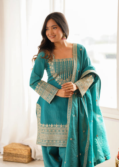 Vichitra Silk Salwar Kameez Suit with Farshi Shalwar