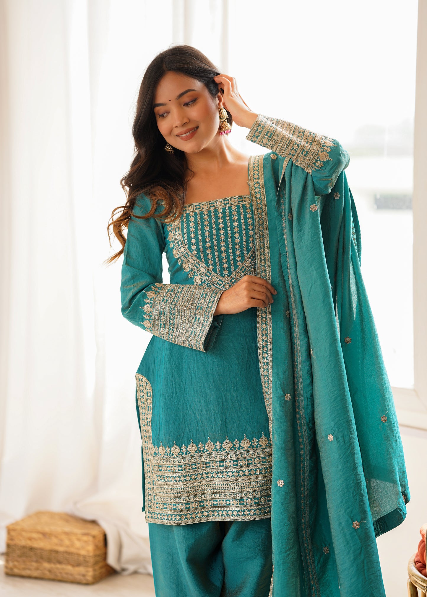 Vichitra Silk Salwar Kameez Suit with Farshi Shalwar