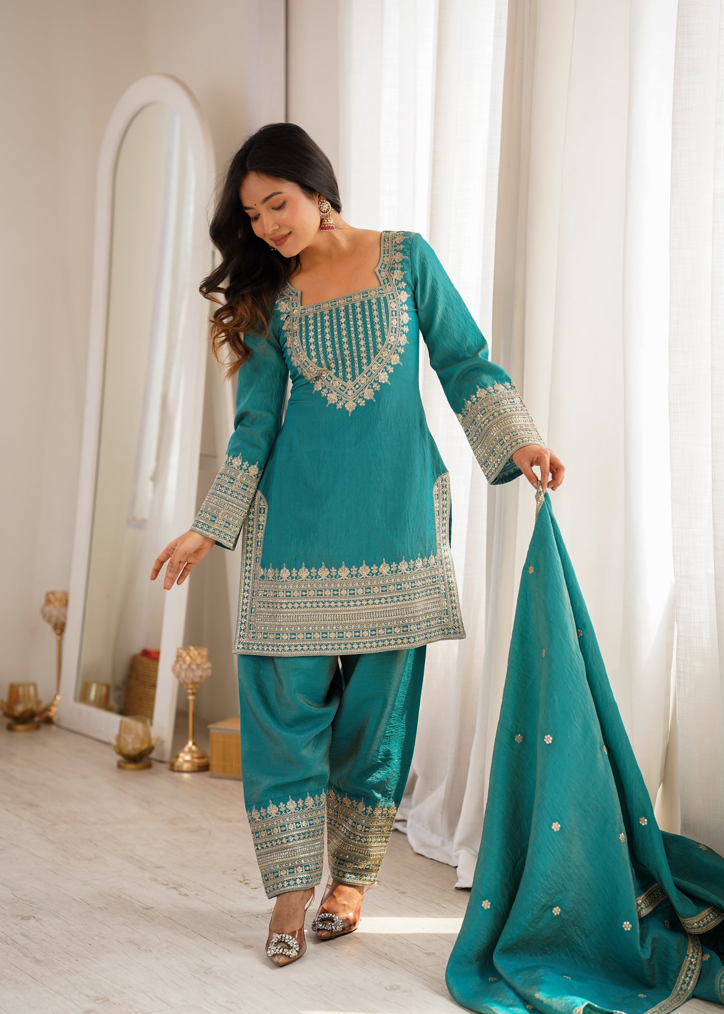 Vichitra Silk Salwar Kameez Suit with Farshi Shalwar