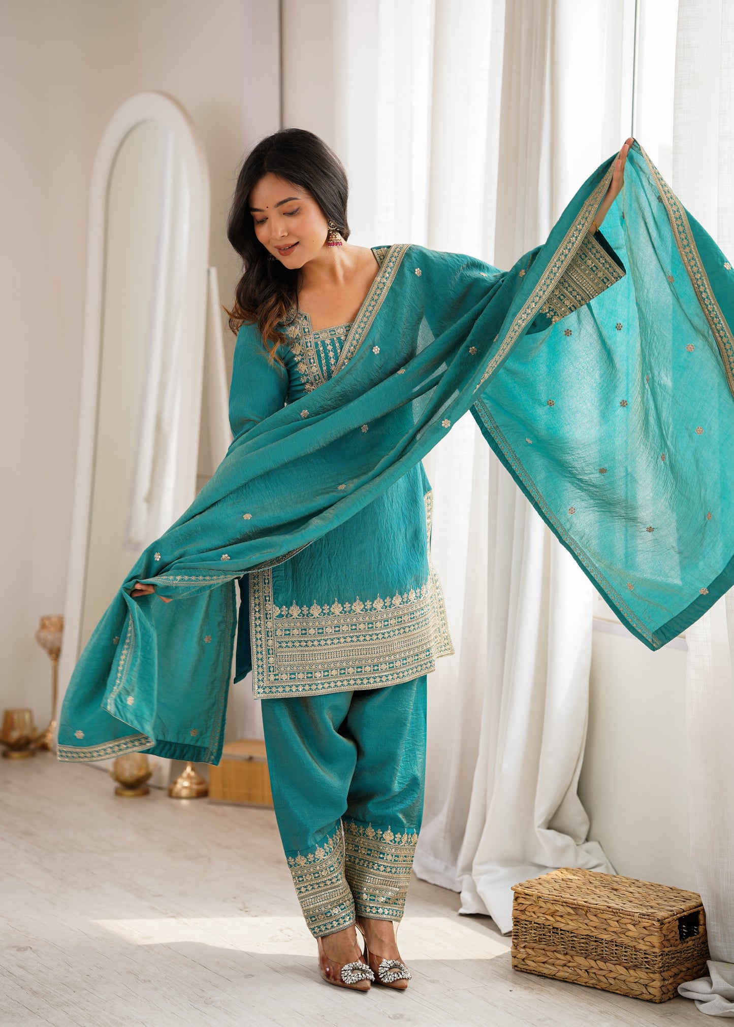 Vichitra Silk Salwar Kameez Suit with Farshi Shalwar