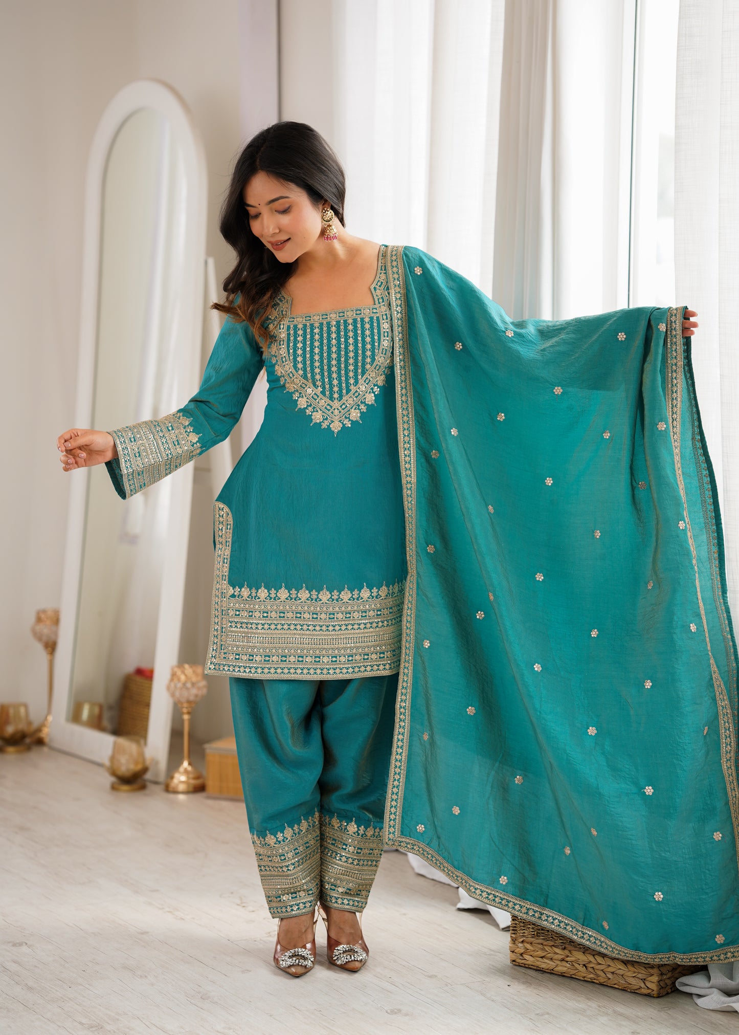 Vichitra Silk Salwar Kameez Suit with Farshi Shalwar