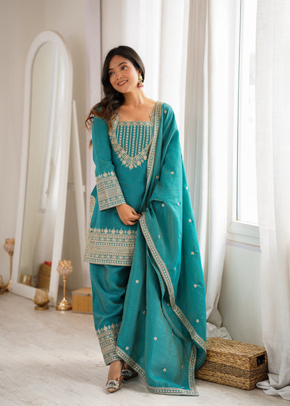 Vichitra Silk Salwar Kameez Suit with Farshi Shalwar