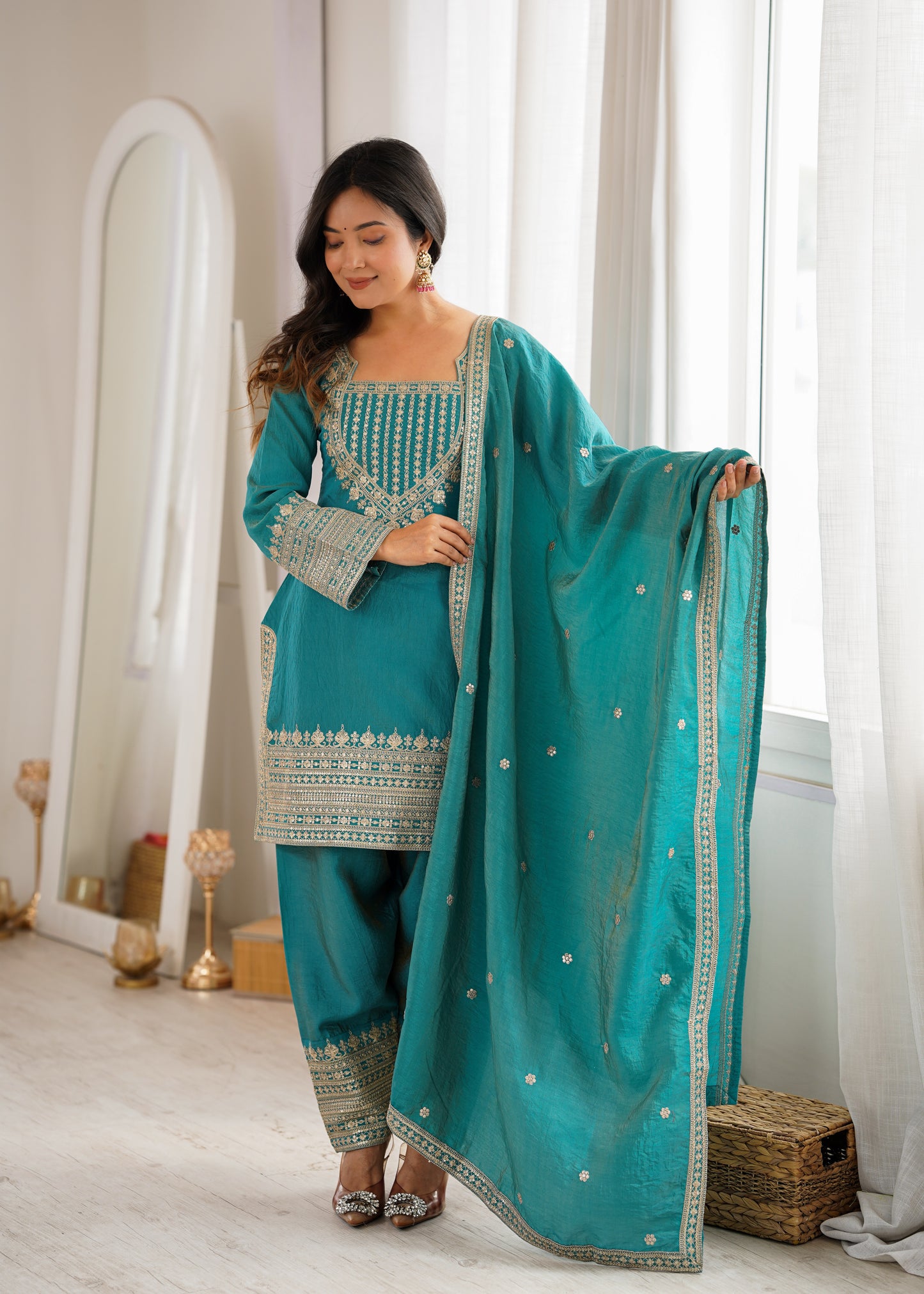 Vichitra Silk Salwar Kameez Suit with Farshi Shalwar
