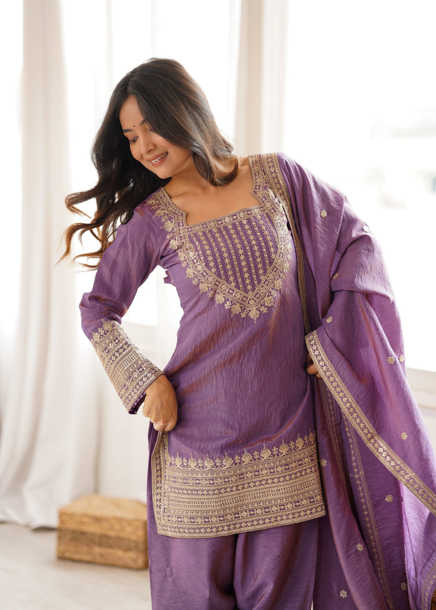 Vichitra Silk Salwar Kameez Suit with Farshi Shalwar