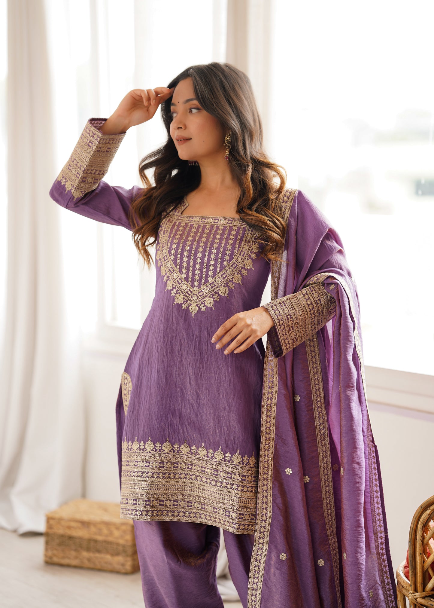 Vichitra Silk Salwar Kameez Suit with Farshi Shalwar