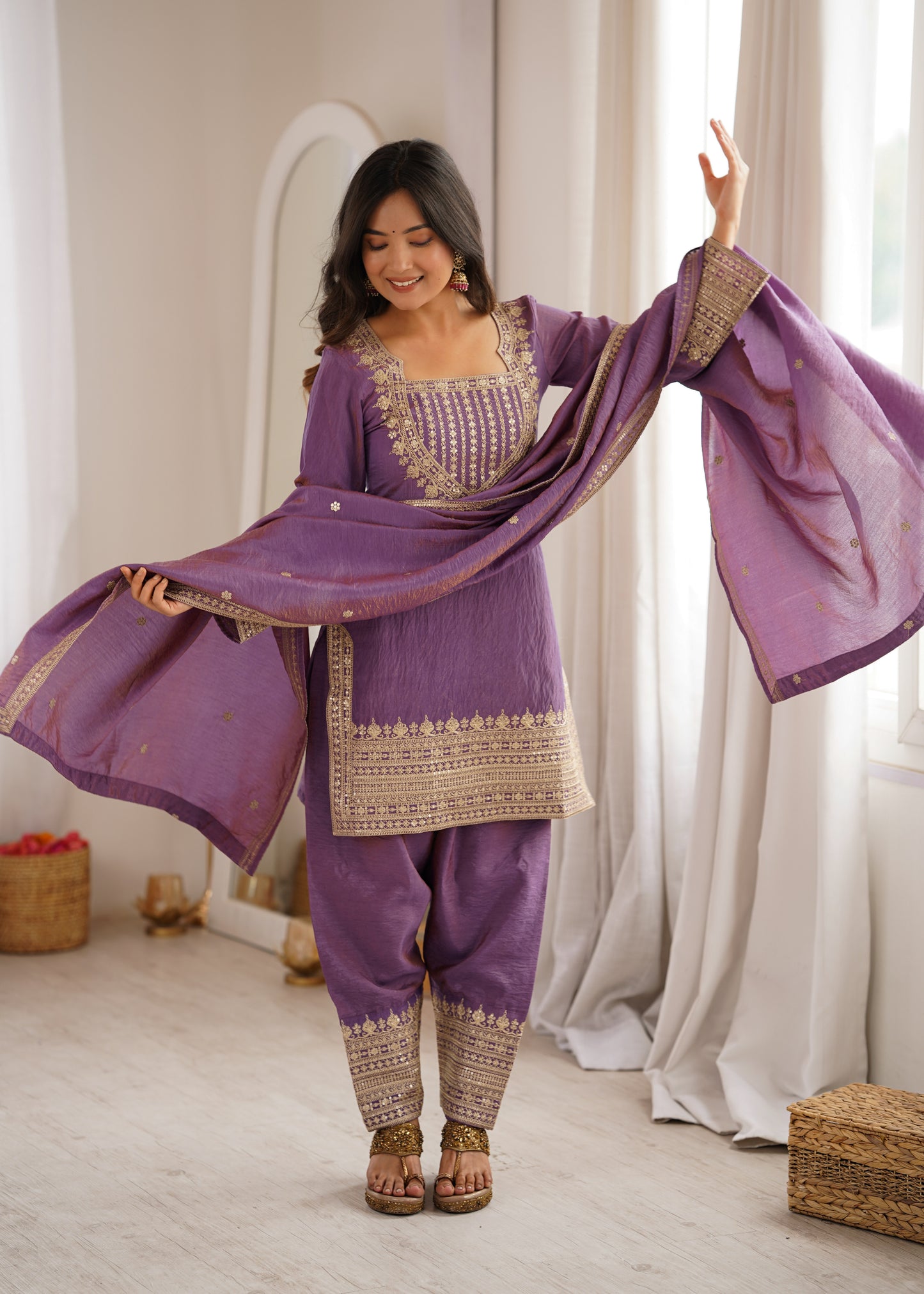 Vichitra Silk Salwar Kameez Suit with Farshi Shalwar
