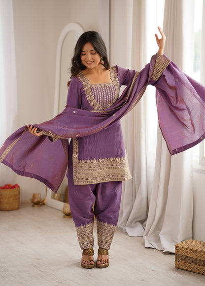Vichitra Silk Salwar Kameez Suit with Farshi Shalwar