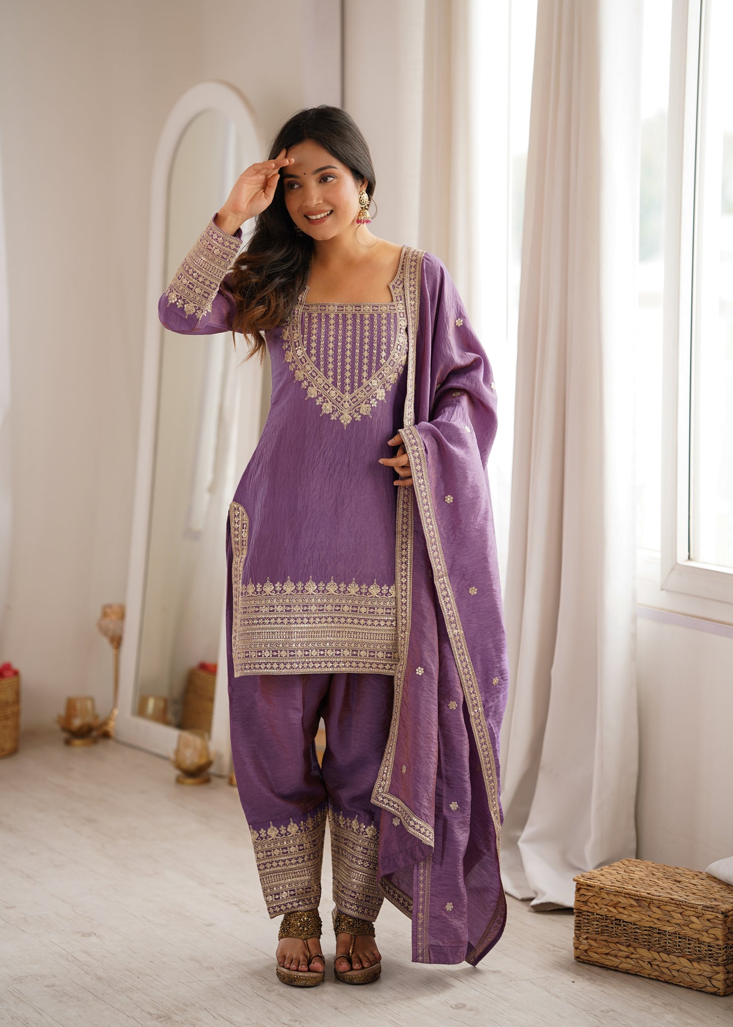Vichitra Silk Salwar Kameez Suit with Farshi Shalwar