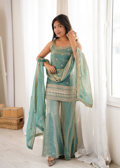 Frendy Silk Salwar Suit with Bell Bottom Pent & Embroidery