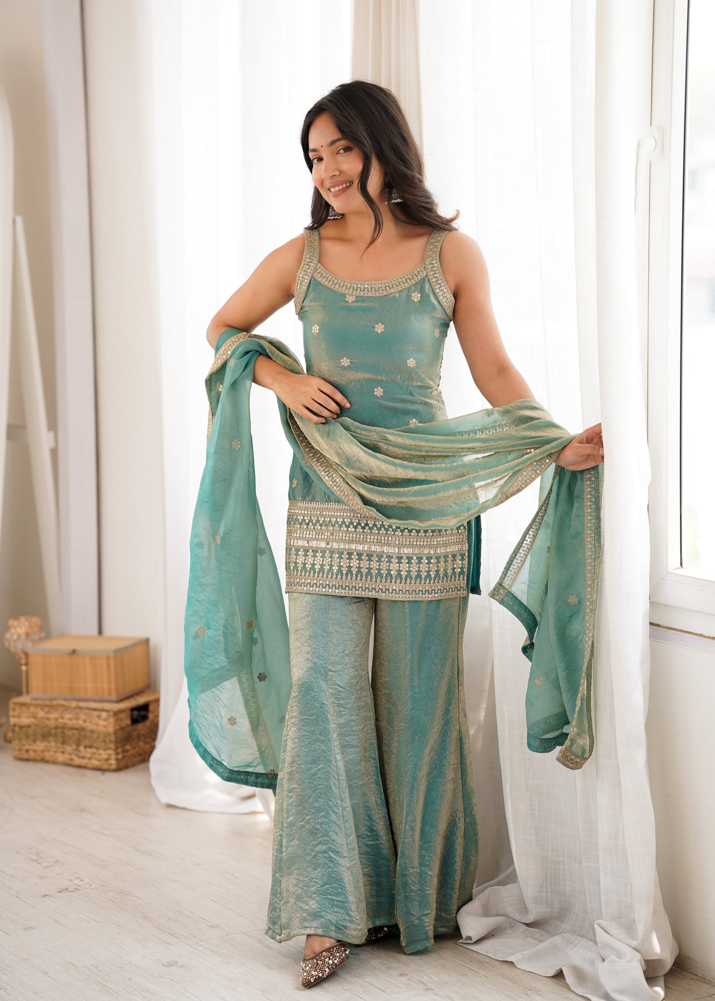 Frendy Silk Salwar Suit with Bell Bottom Pent & Embroidery