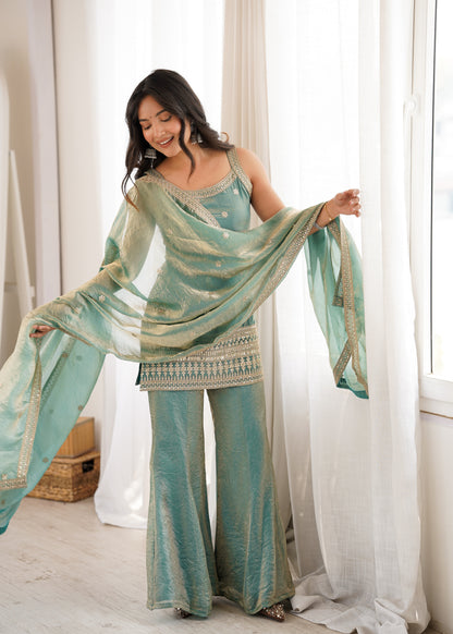 Frendy Silk Salwar Suit with Bell Bottom Pent & Embroidery
