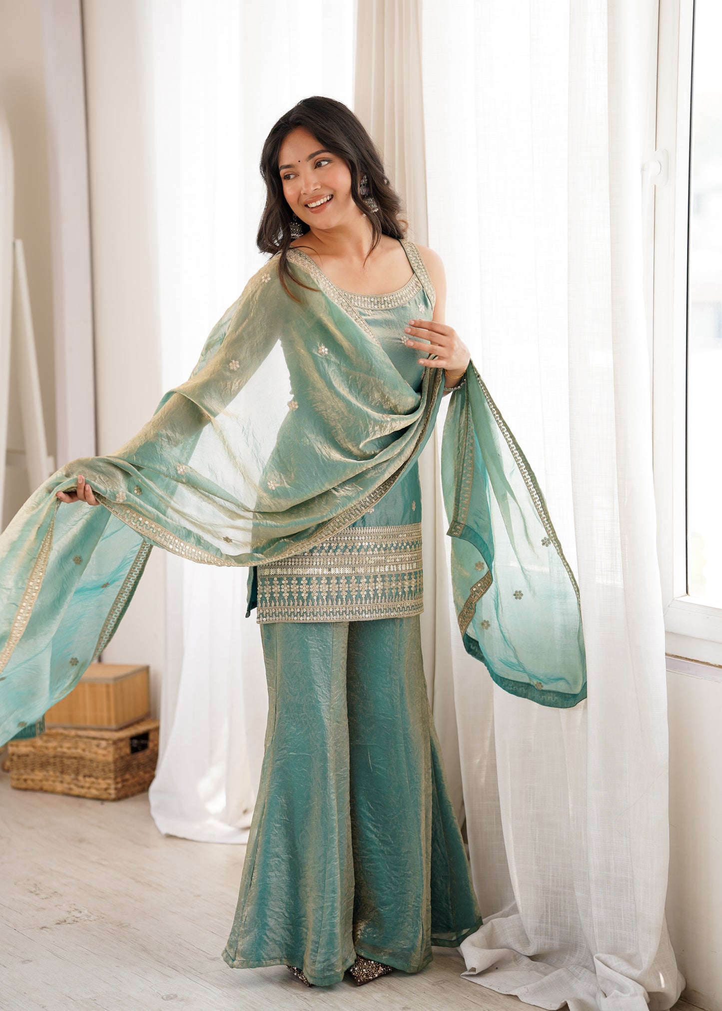Frendy Silk Salwar Suit with Bell Bottom Pent & Embroidery