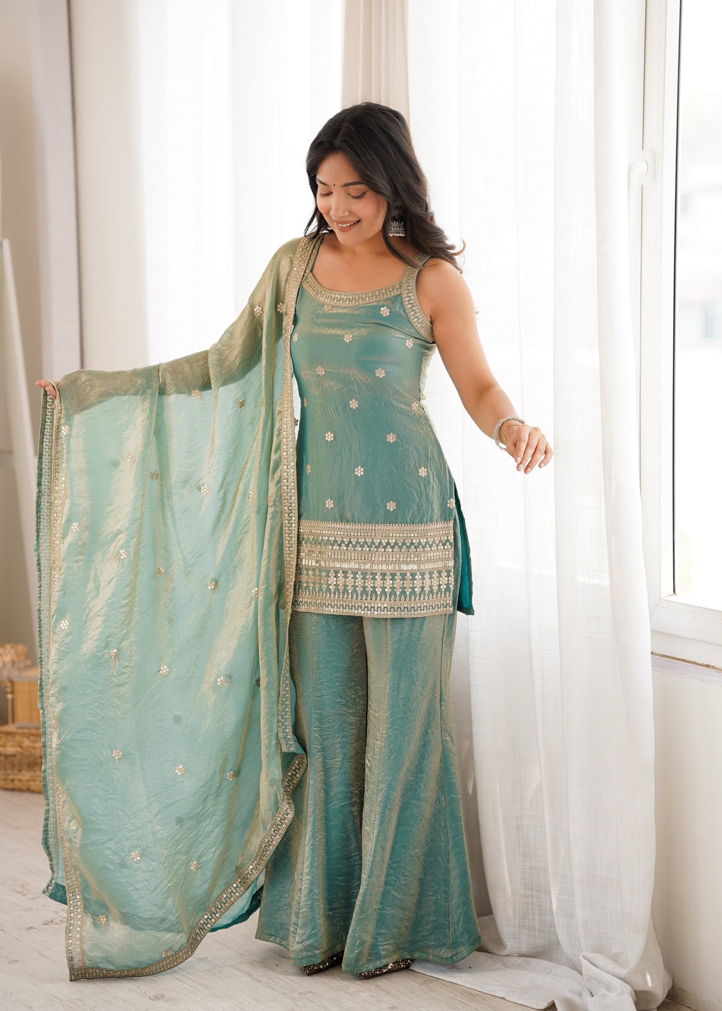 Frendy Silk Salwar Suit with Bell Bottom Pent & Embroidery