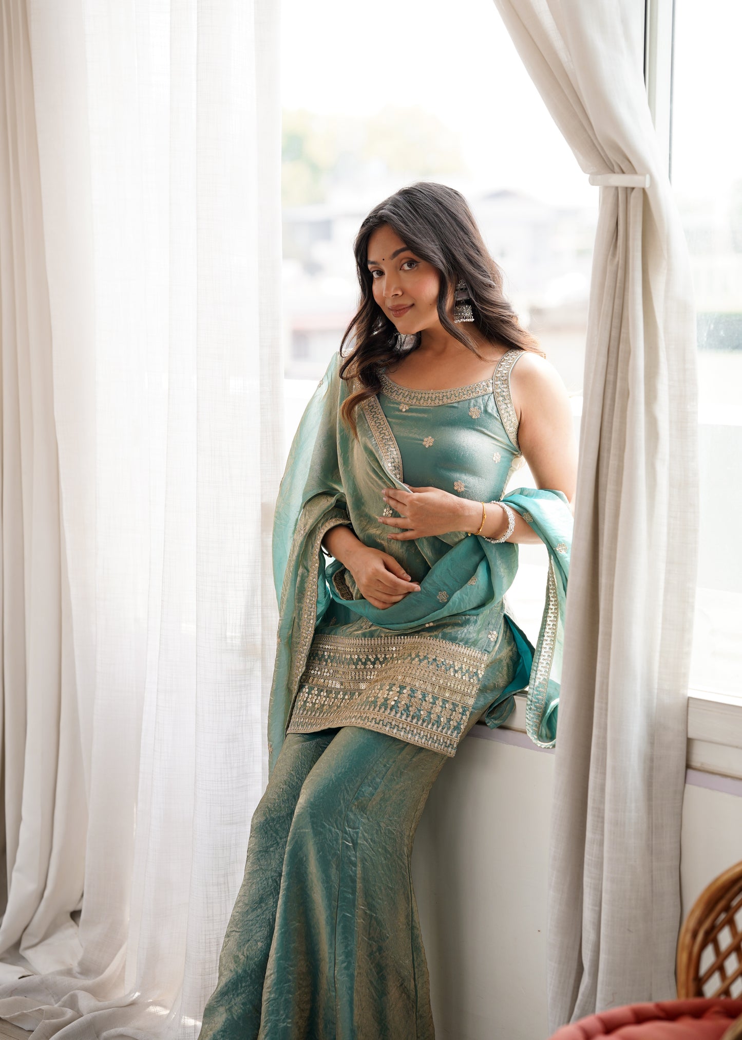 Frendy Silk Salwar Suit with Bell Bottom Pent & Embroidery