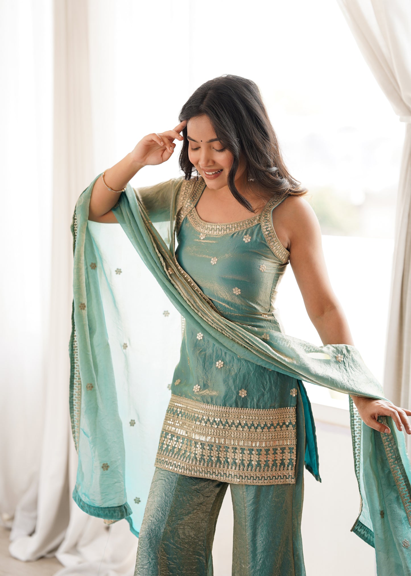Frendy Silk Salwar Suit with Bell Bottom Pent & Embroidery