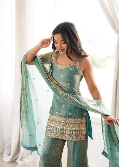 Frendy Silk Salwar Suit with Bell Bottom Pent & Embroidery