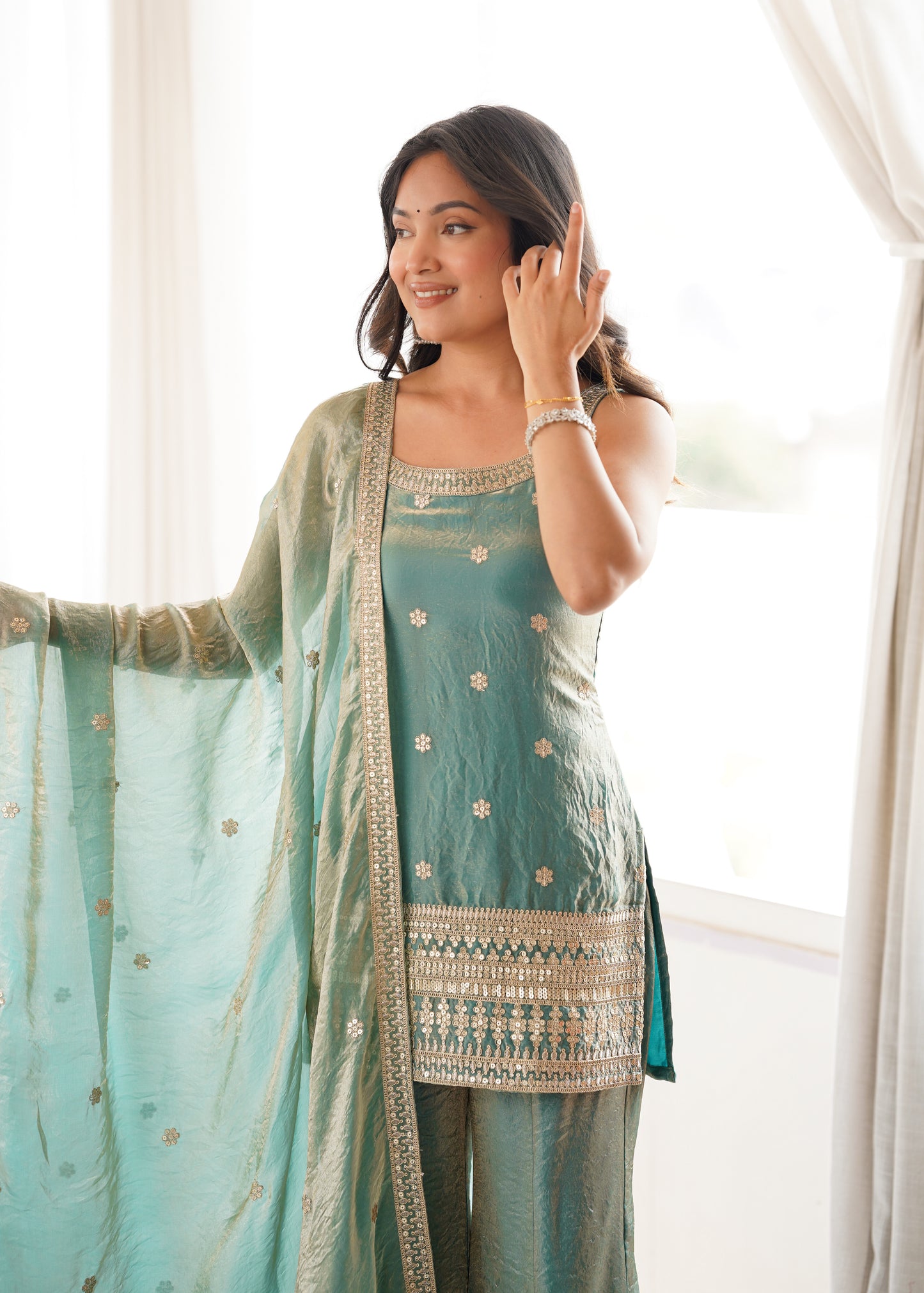 Frendy Silk Salwar Suit with Bell Bottom Pent & Embroidery