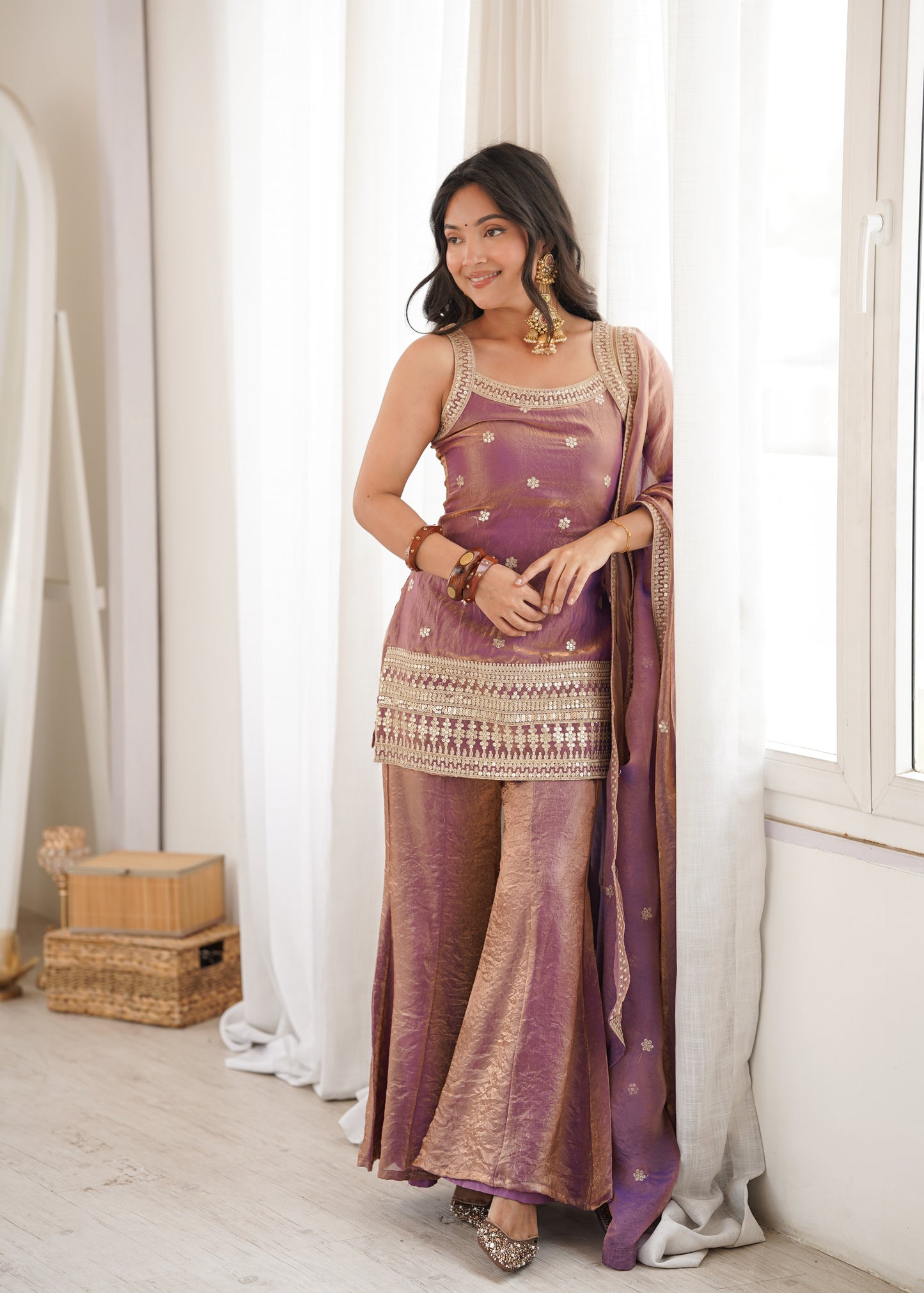 Frendy Silk Salwar Suit with Bell Bottom Pent & Embroidery