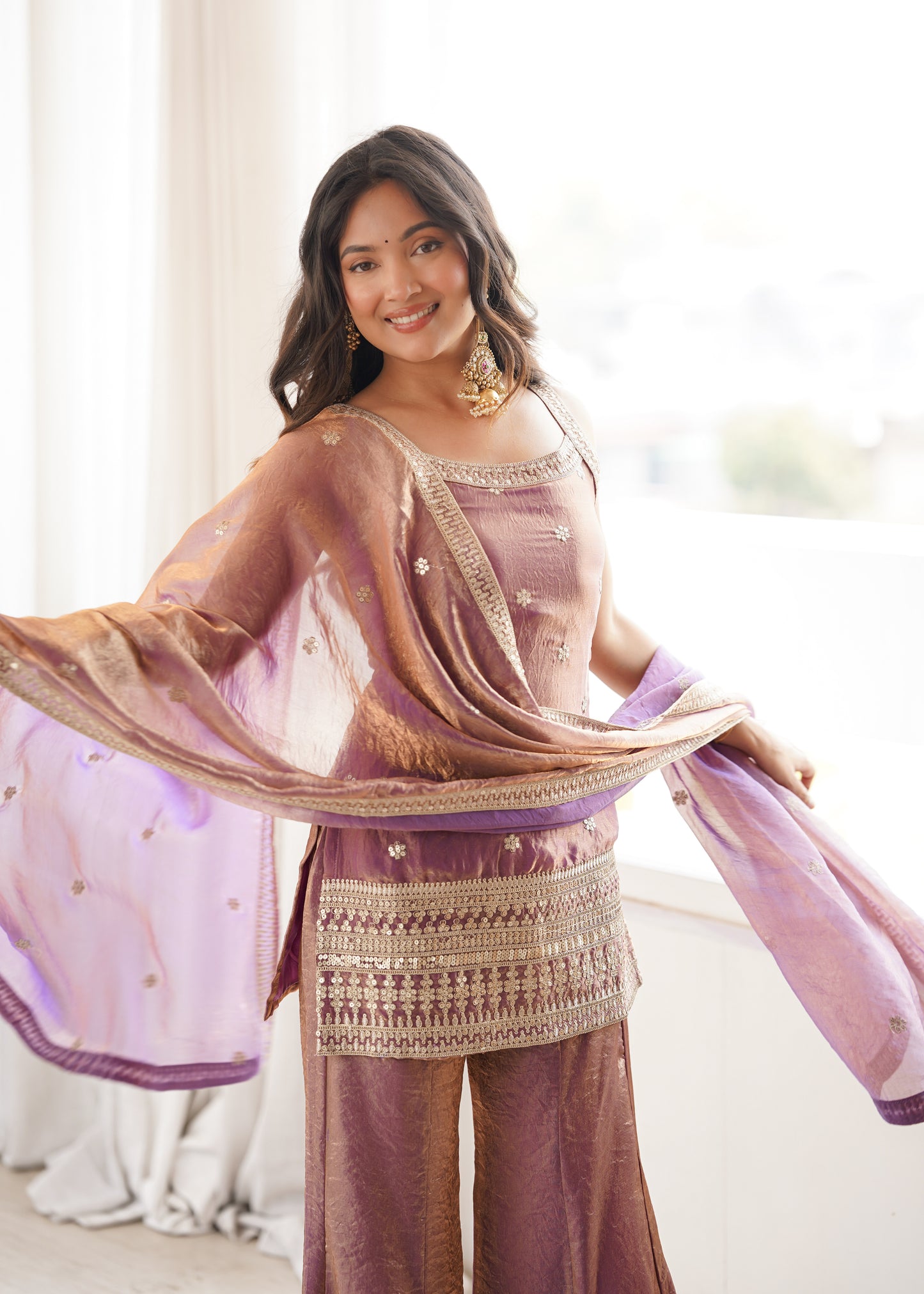 Frendy Silk Salwar Suit with Bell Bottom Pent & Embroidery
