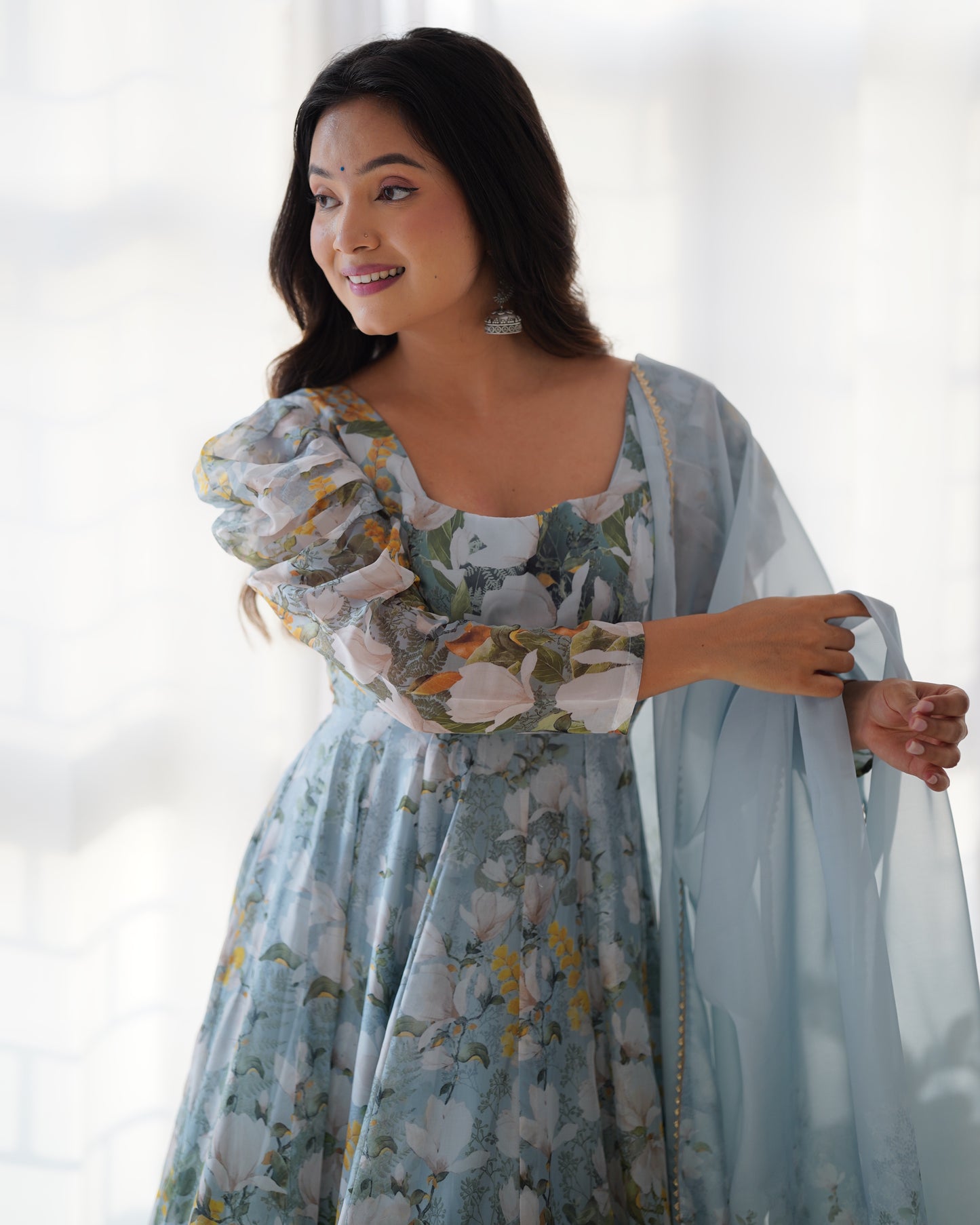 Dusty Blue Organza Floral Salwar Kameez - Party Wear Suit for Women