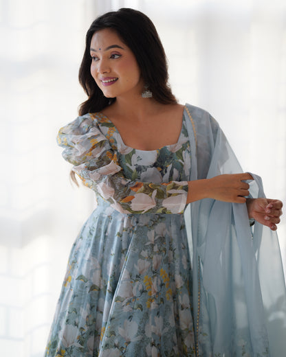 Dusty Blue Organza Floral Salwar Kameez - Party Wear Suit for Women
