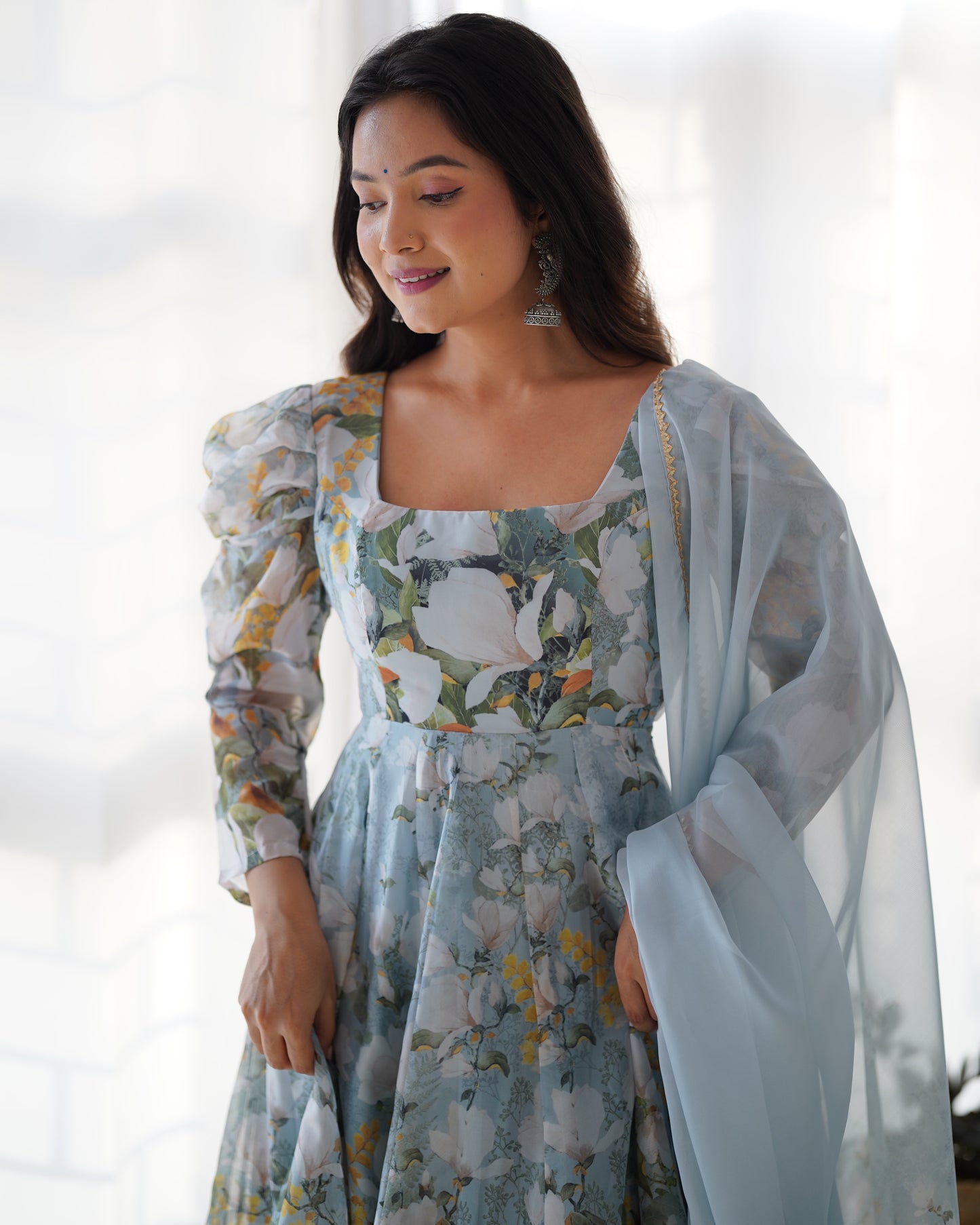 Dusty Blue Organza Floral Salwar Kameez - Party Wear Suit for Women