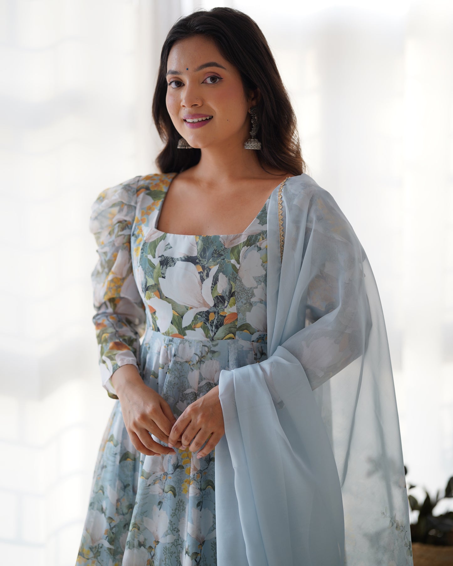 Dusty Blue Organza Floral Salwar Kameez - Party Wear Suit for Women