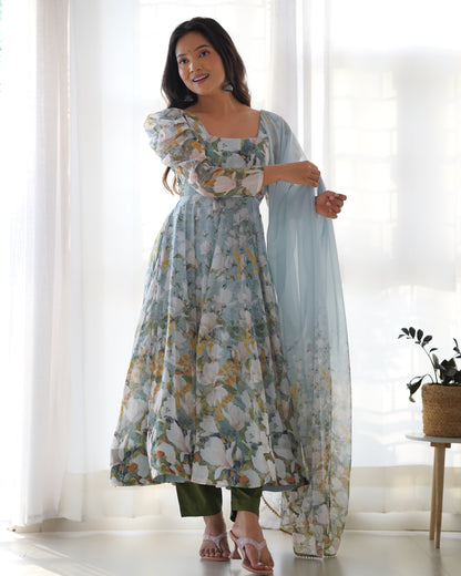 Dusty Blue Organza Floral Salwar Kameez - Party Wear Suit for Women