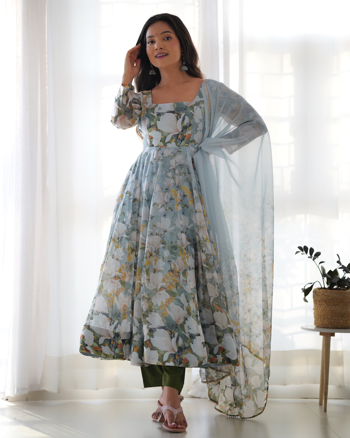 Dusty Blue Organza Floral Salwar Kameez - Party Wear Suit for Women