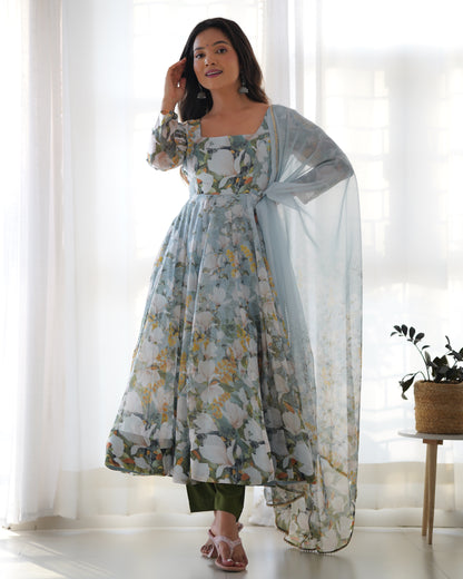 Dusty Blue Organza Floral Salwar Kameez - Party Wear Suit for Women