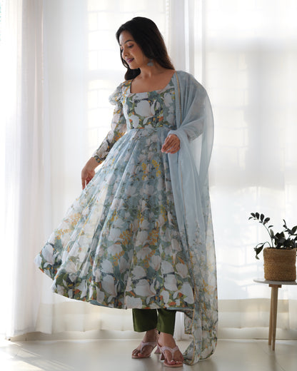 Dusty Blue Organza Floral Salwar Kameez - Party Wear Suit for Women