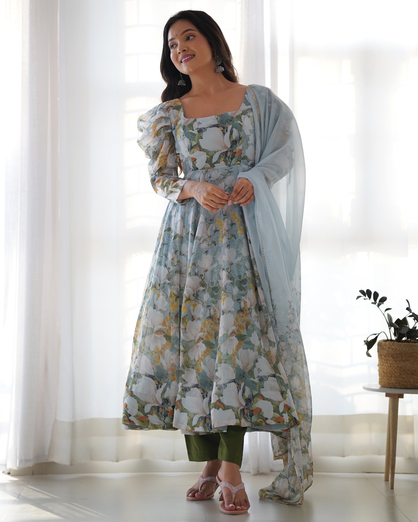 Dusty Blue Organza Floral Salwar Kameez - Party Wear Suit for Women