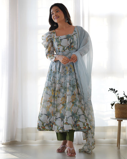 Dusty Blue Organza Floral Salwar Kameez - Party Wear Suit for Women