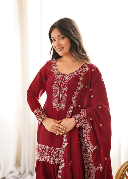 Maroon Roman Silk Salwar Suit Party Wear for Women