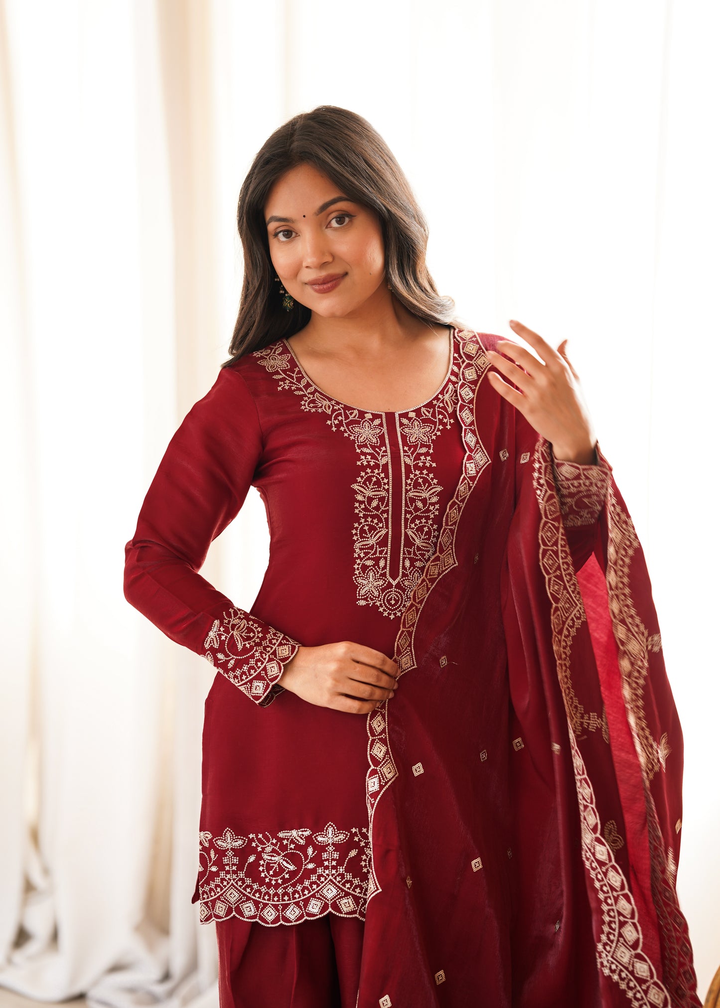 Maroon Roman Silk Salwar Suit Party Wear for Women