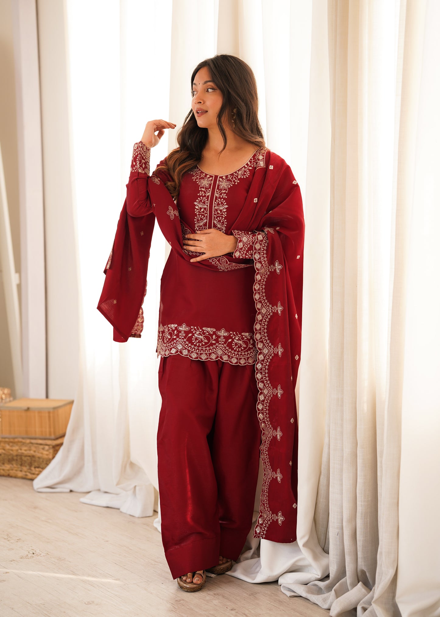 Maroon Roman Silk Salwar Suit Party Wear for Women