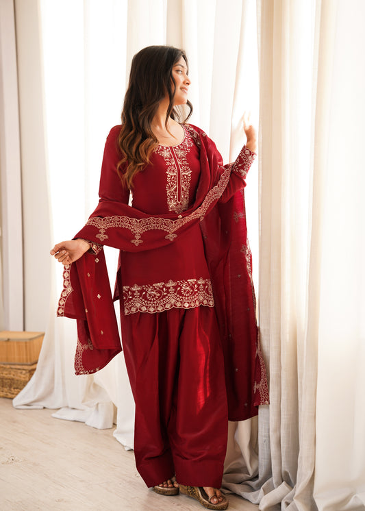 Maroon Roman Silk Salwar Suit Party Wear for Women